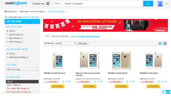 Ví dụ về website so sánh giá sản phẩm iphone